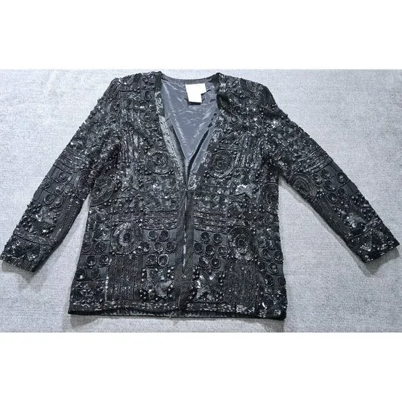 Joan Leslie Talbots Jacket Womens L Petite Black Top Sequins Beads Silk LS Vtg - Picture 9 of 16